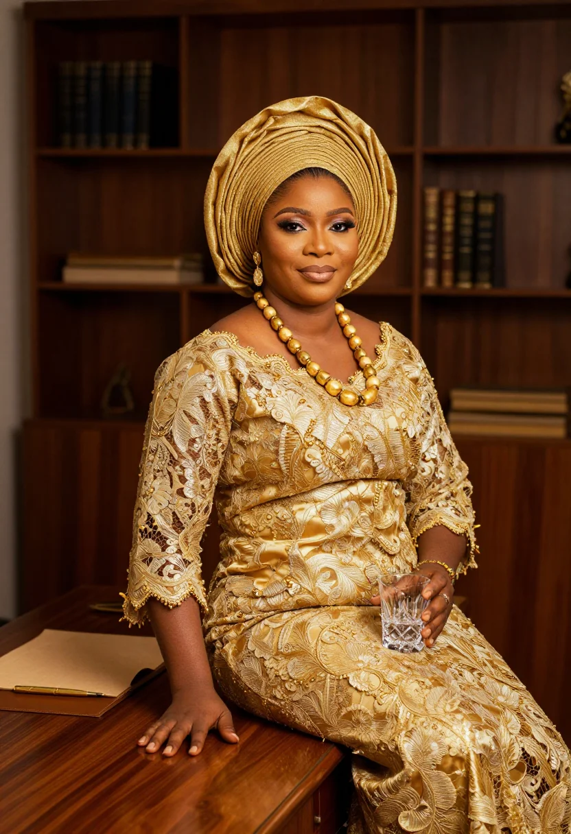 AI king of boys lagos gele gold sample — portrait of a woman, the head of a Lagos political house, a