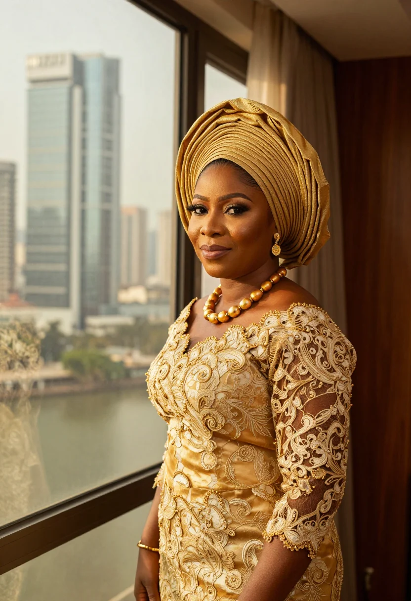 AI king of boys lagos gele gold sample — portrait of a woman, the head of a Lagos political house, a