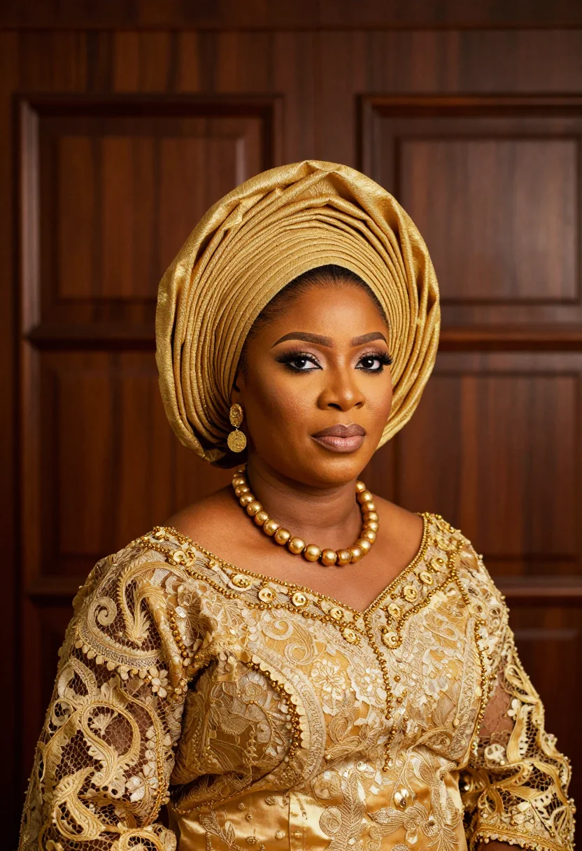AI king of boys lagos gele gold sample — portrait of a woman, the head of a Lagos political house, a