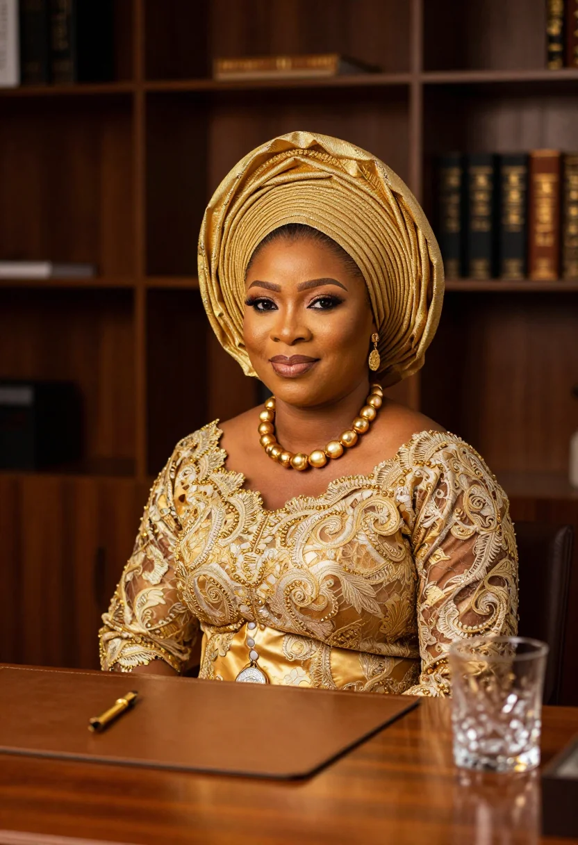 AI king of boys lagos gele gold sample — portrait of a woman, the head of a Lagos political house, a