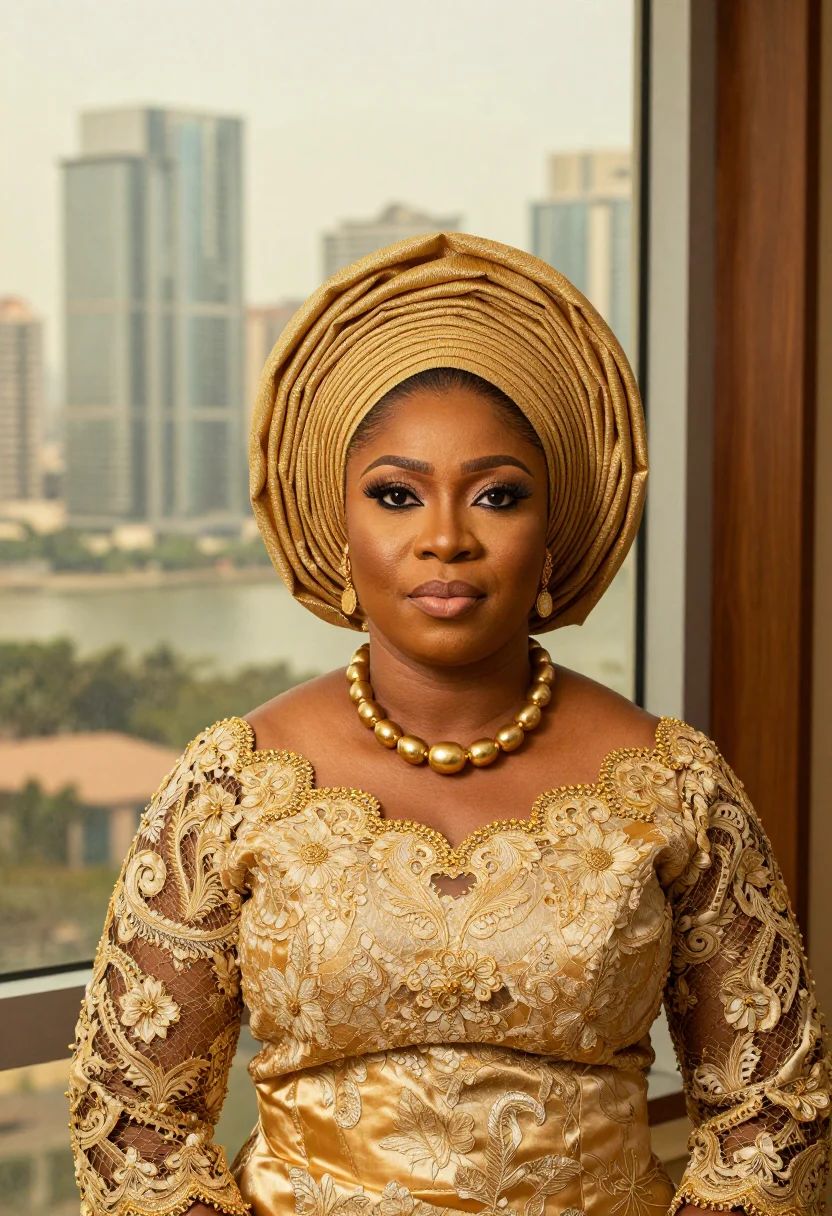 AI king of boys lagos gele gold sample — portrait of a woman, the head of a Lagos political house, a