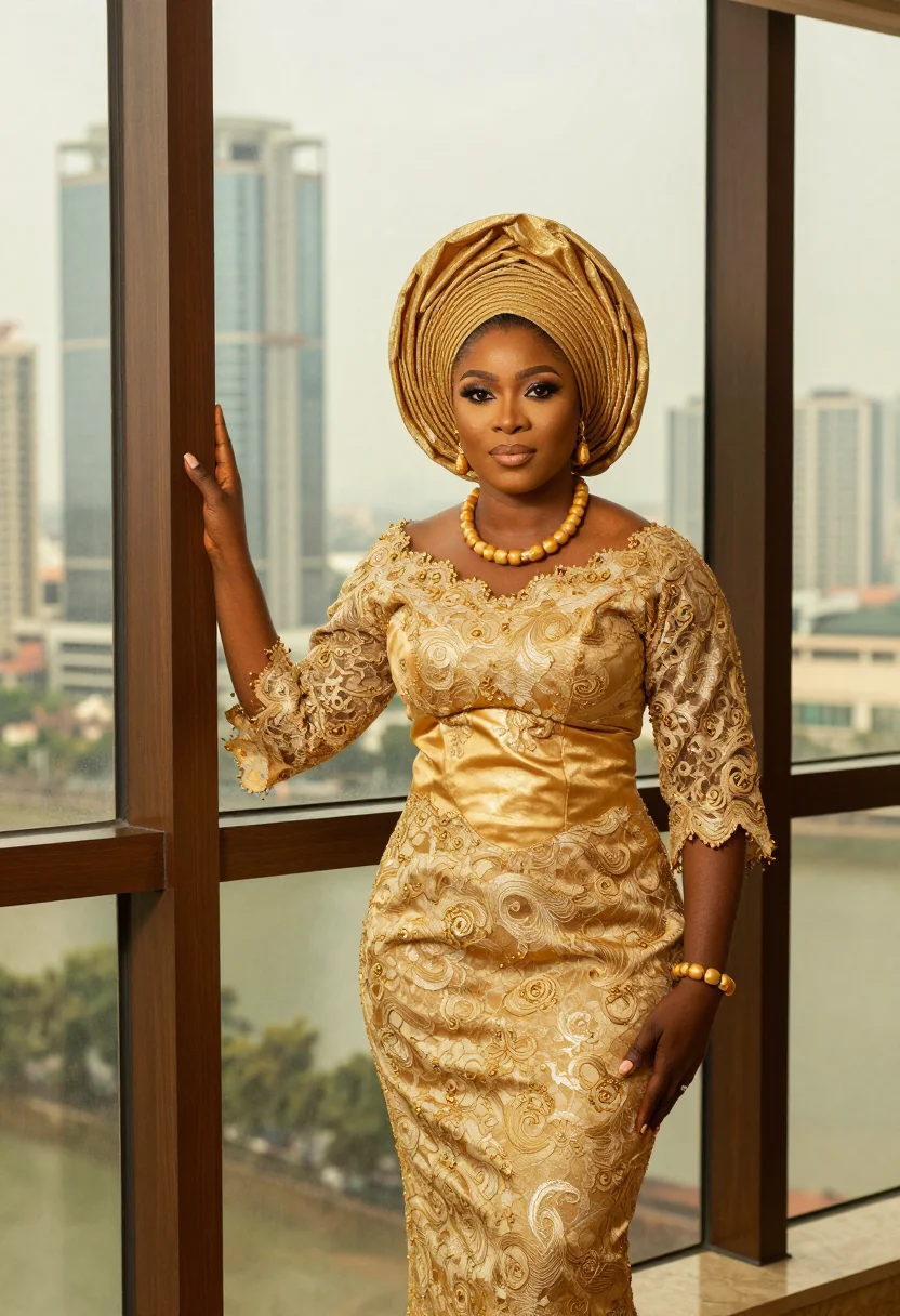 AI king of boys lagos gele gold sample — portrait of a woman, the head of a Lagos political house, a
