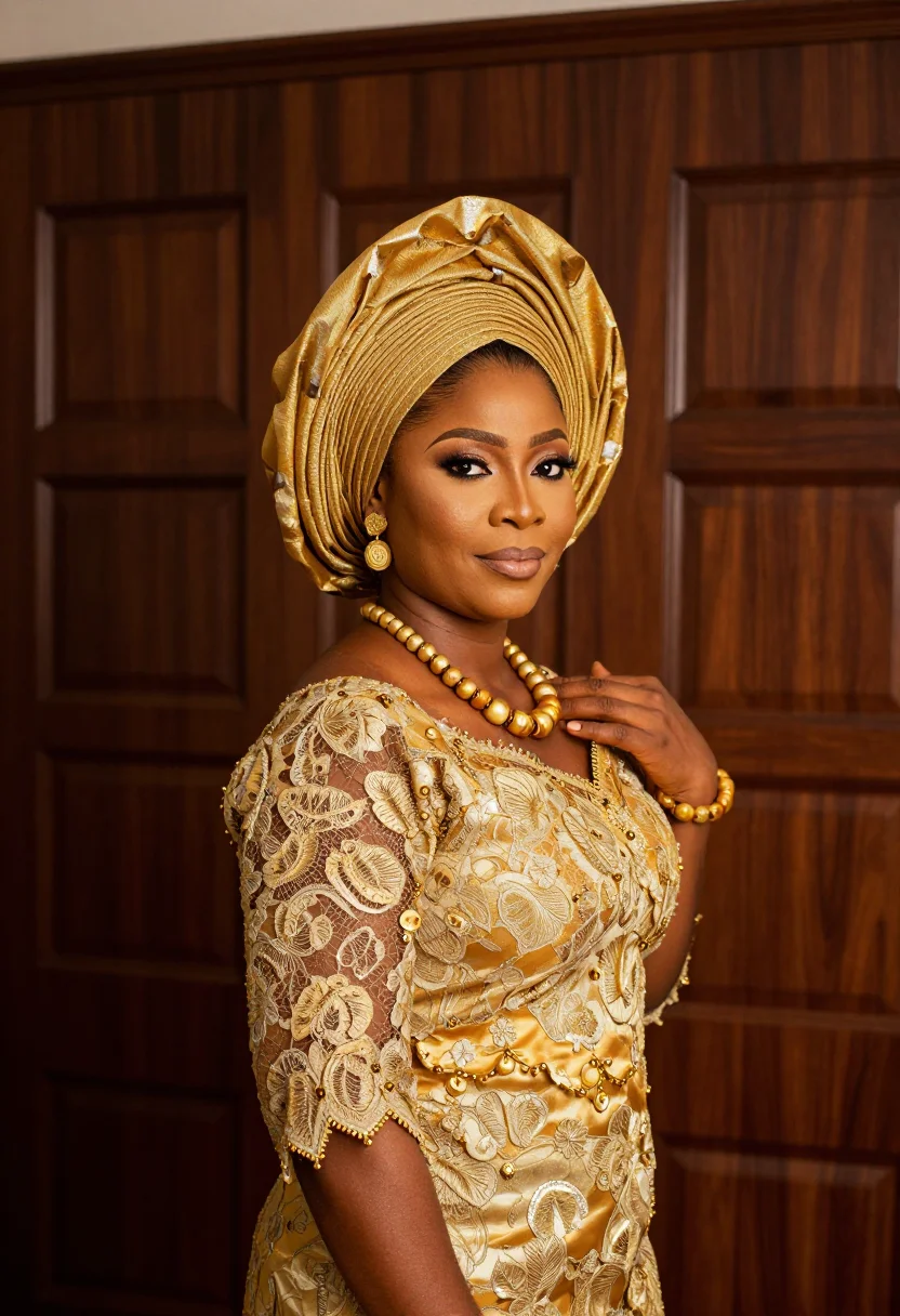 AI king of boys lagos gele gold sample — portrait of a woman, the head of a Lagos political house, a