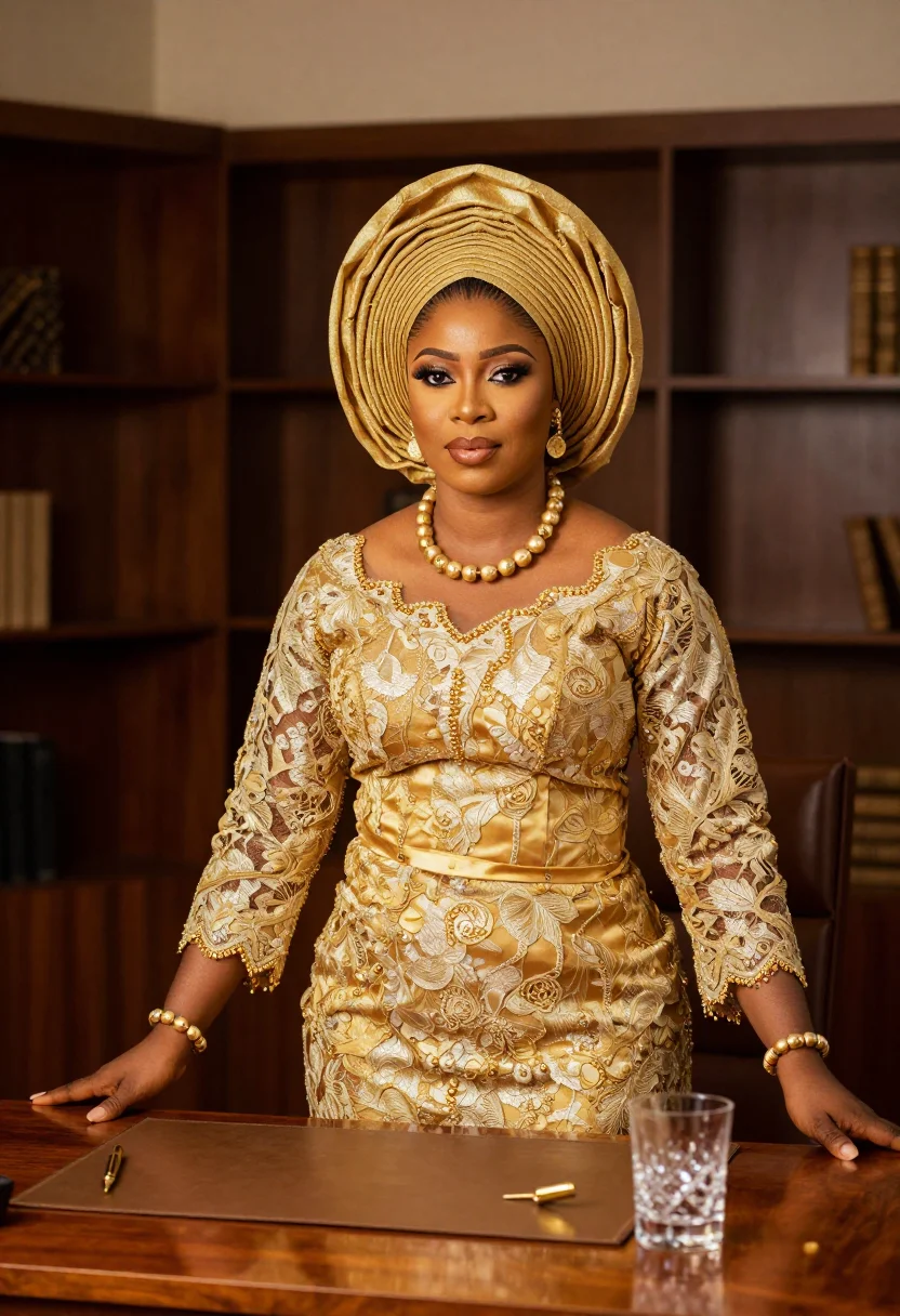 AI king of boys lagos gele gold sample — portrait of a woman, the head of a Lagos political house, a