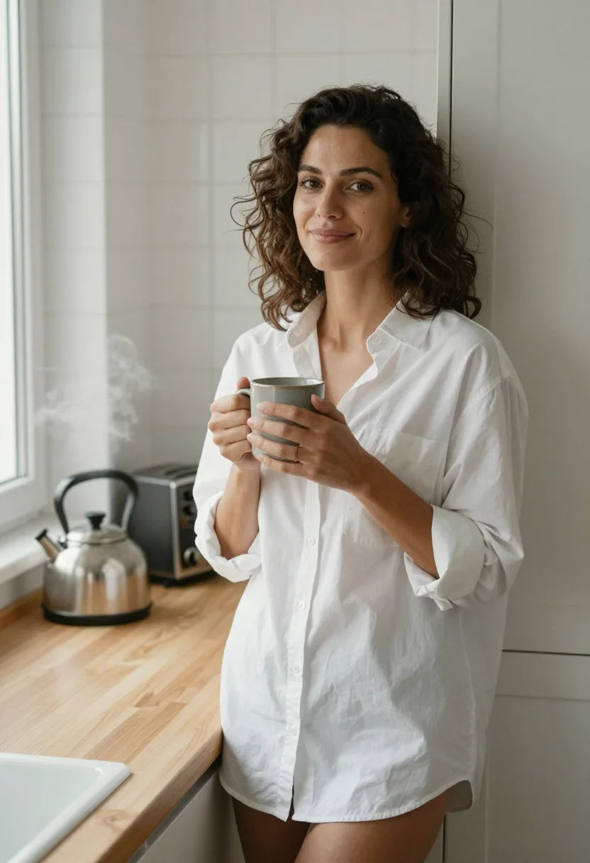 AI kitchen morning sample — portrait of a woman, waist-up portrait of a Western-European