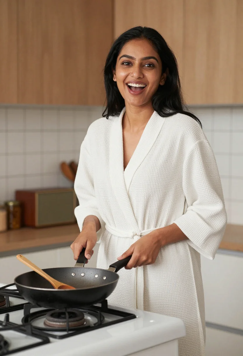 AI kitchen morning sample — portrait of a woman, waist-up portrait of a South-Asian woma