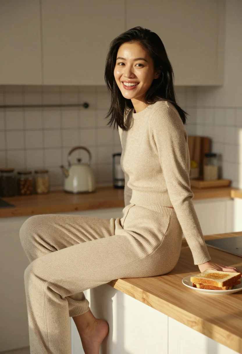 AI kitchen morning sample — portrait of a woman, three-quarter-length portrait of an Eas