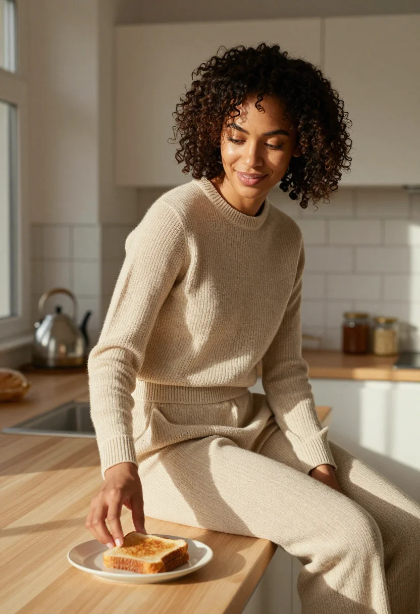 AI kitchen morning sample — portrait of a woman, waist-up portrait of a woman of mixed B