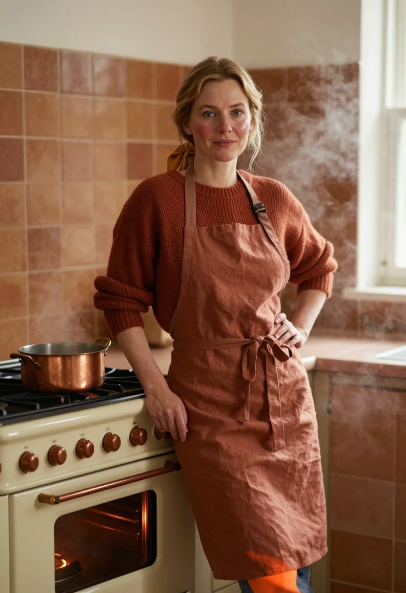 AI kitchen sunday copper sample — portrait of a woman, framed three-quarter length from the he