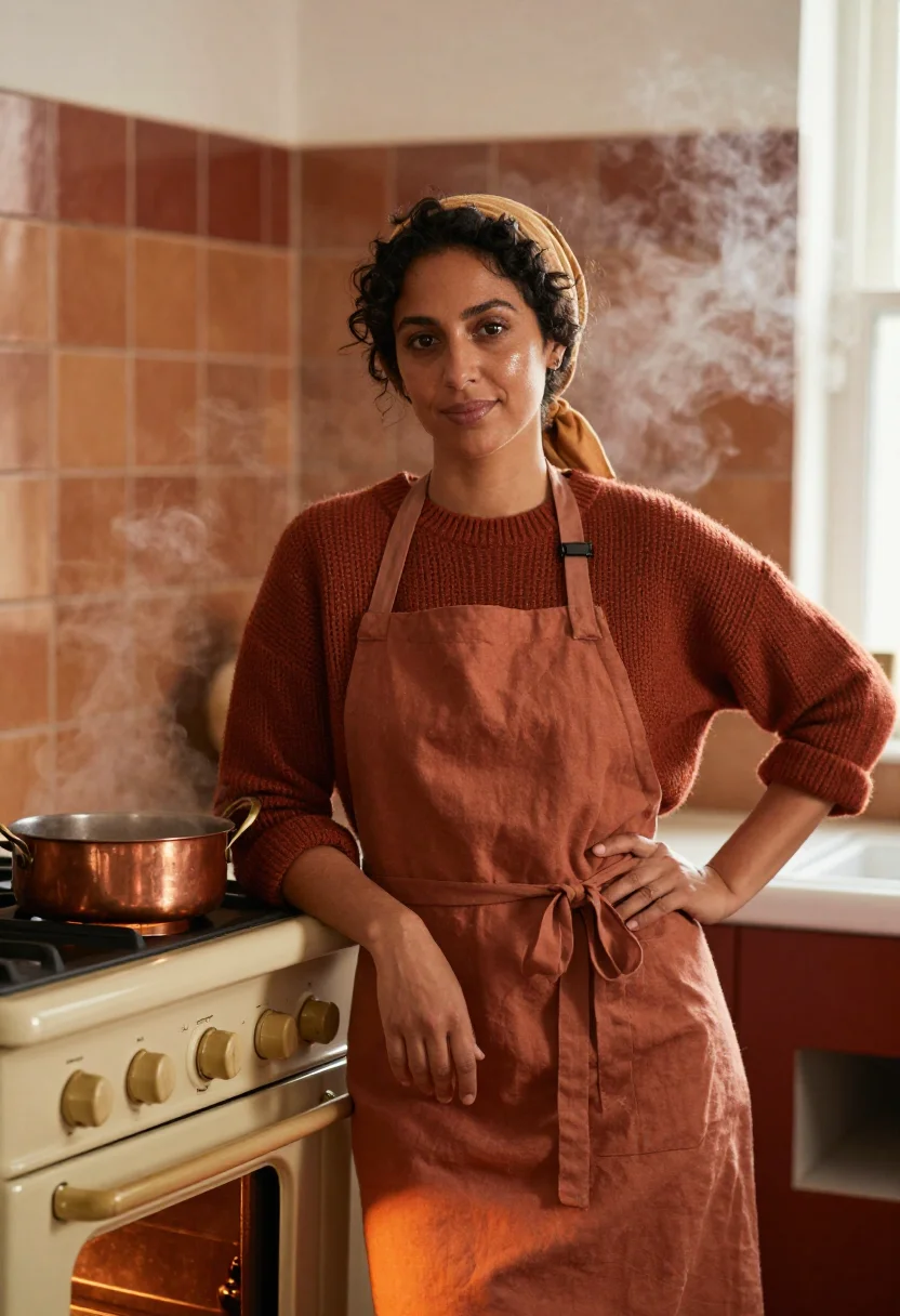 AI kitchen sunday copper sample — portrait of a woman, framed chest-up, cropped at the ribs, t