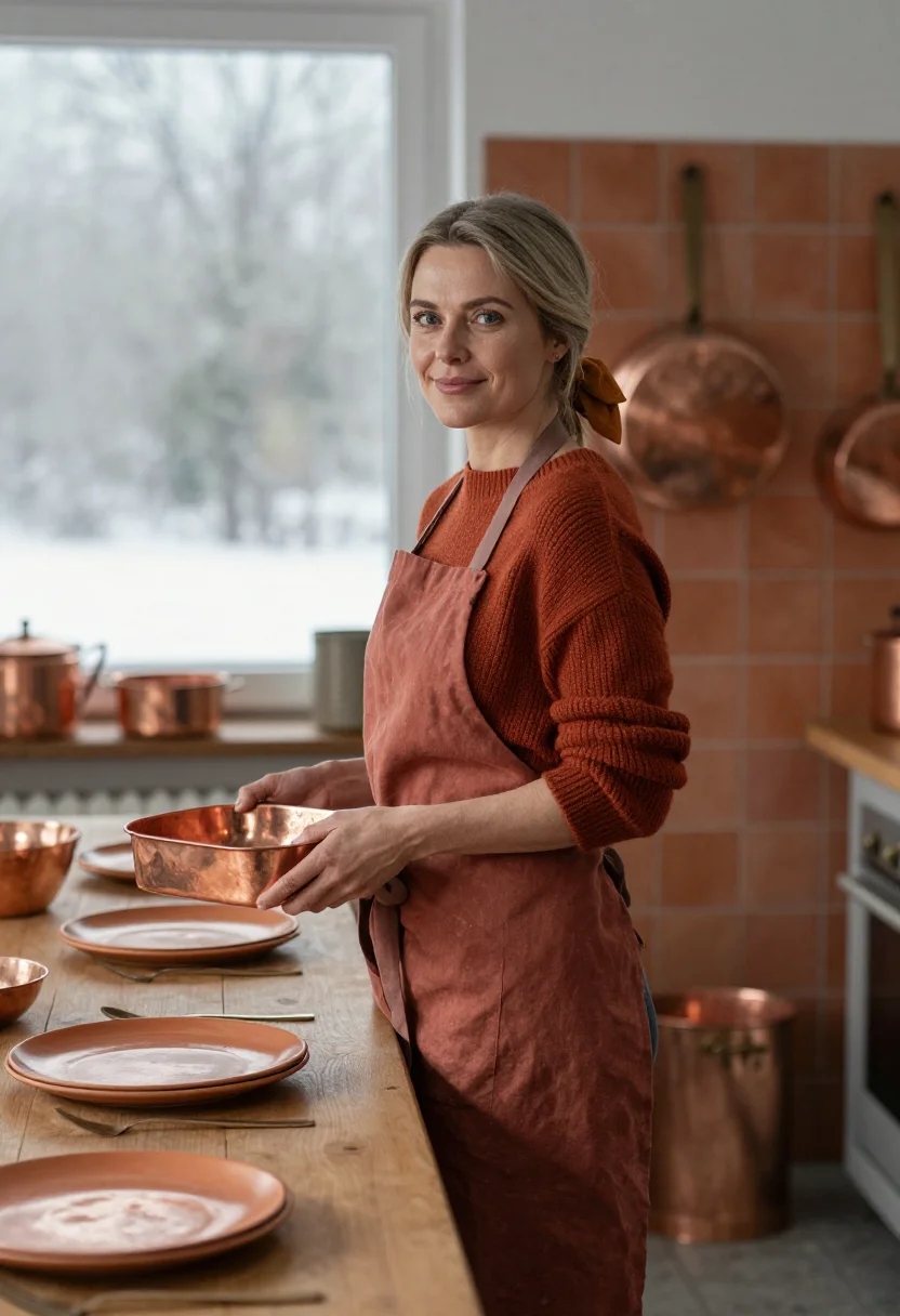 AI kitchen sunday copper sample — portrait of a woman, framed chest-up, cropped at the ribs, t