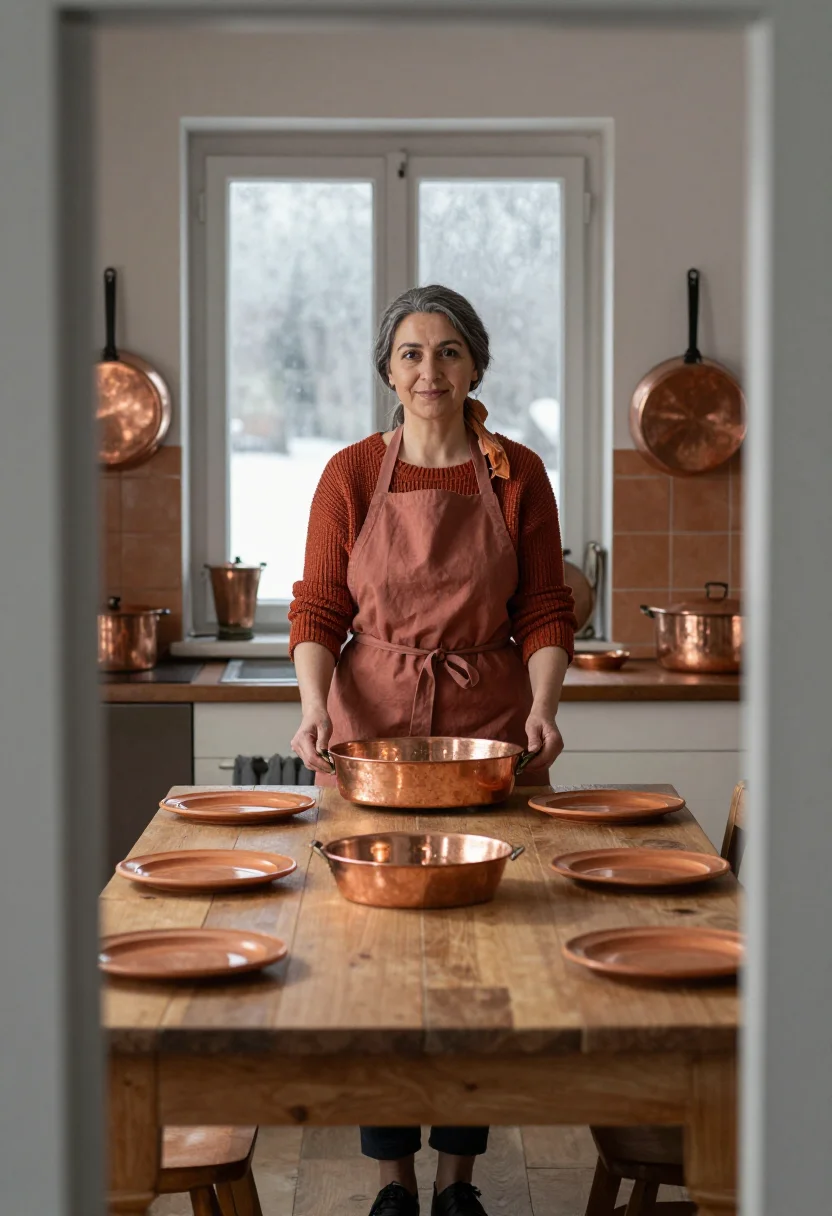 AI kitchen sunday copper sample — portrait of a woman, framed wide from the garden door, the w