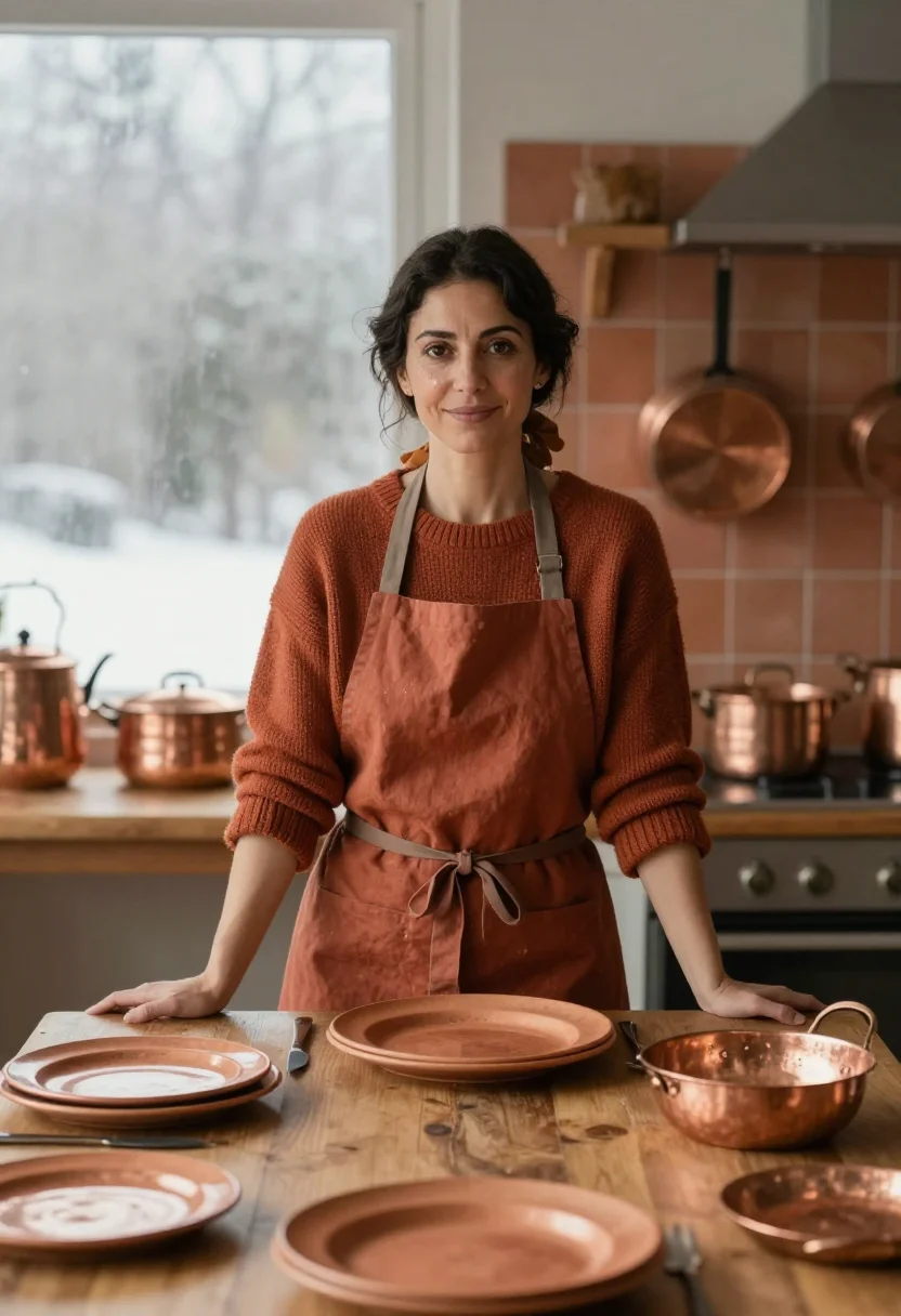 AI kitchen sunday copper sample — portrait of a woman, framed tight, head and shoulders, the b
