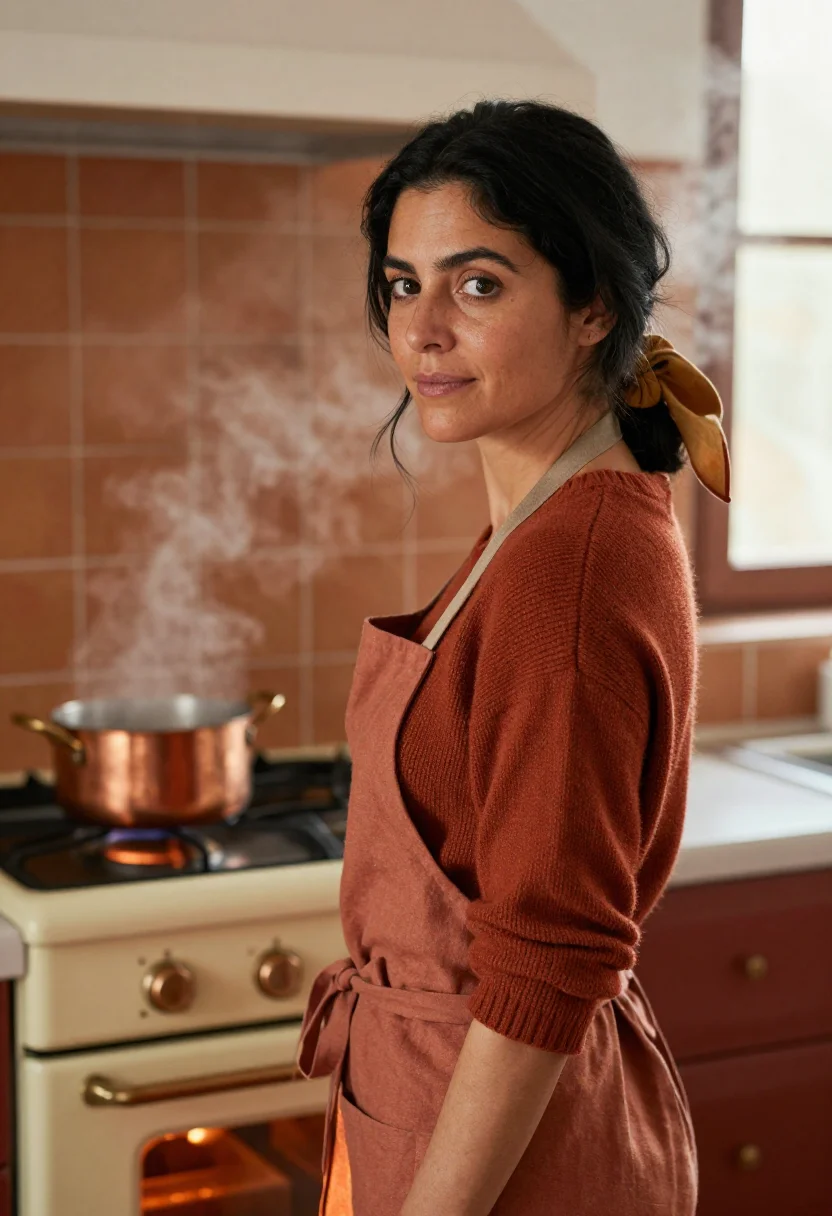 AI kitchen sunday copper sample — portrait of a woman, framed tight, head and shoulders, the b