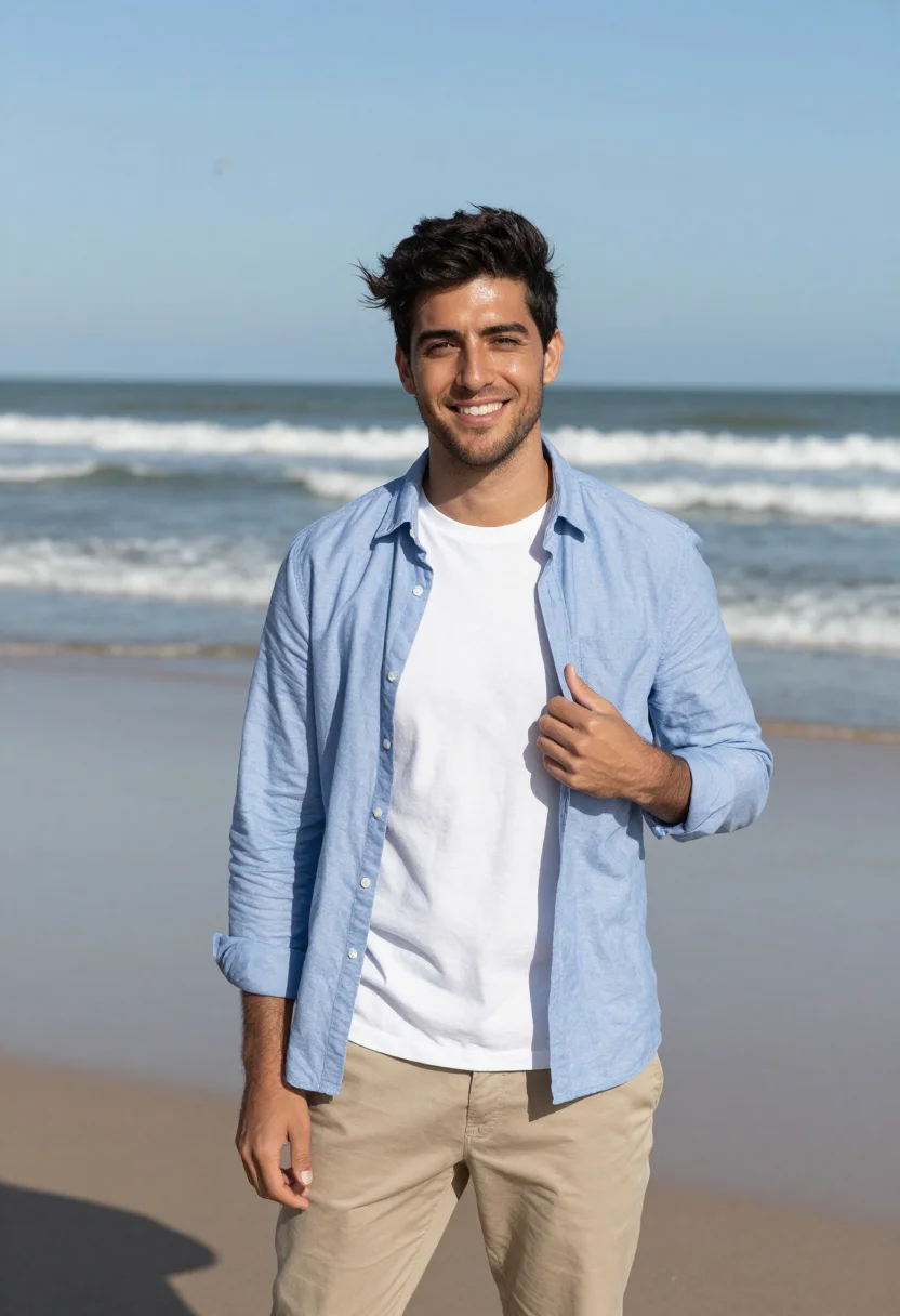 AI kite beach april blue date sample — portrait of a man, framed chest-up from the head to mid-ches