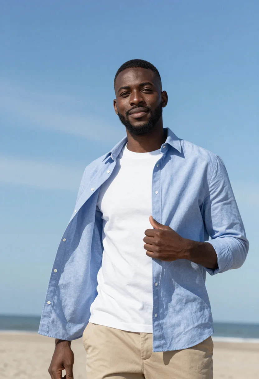 AI kite beach april blue date sample — portrait of a man, framed chest-up from the head to mid-ches
