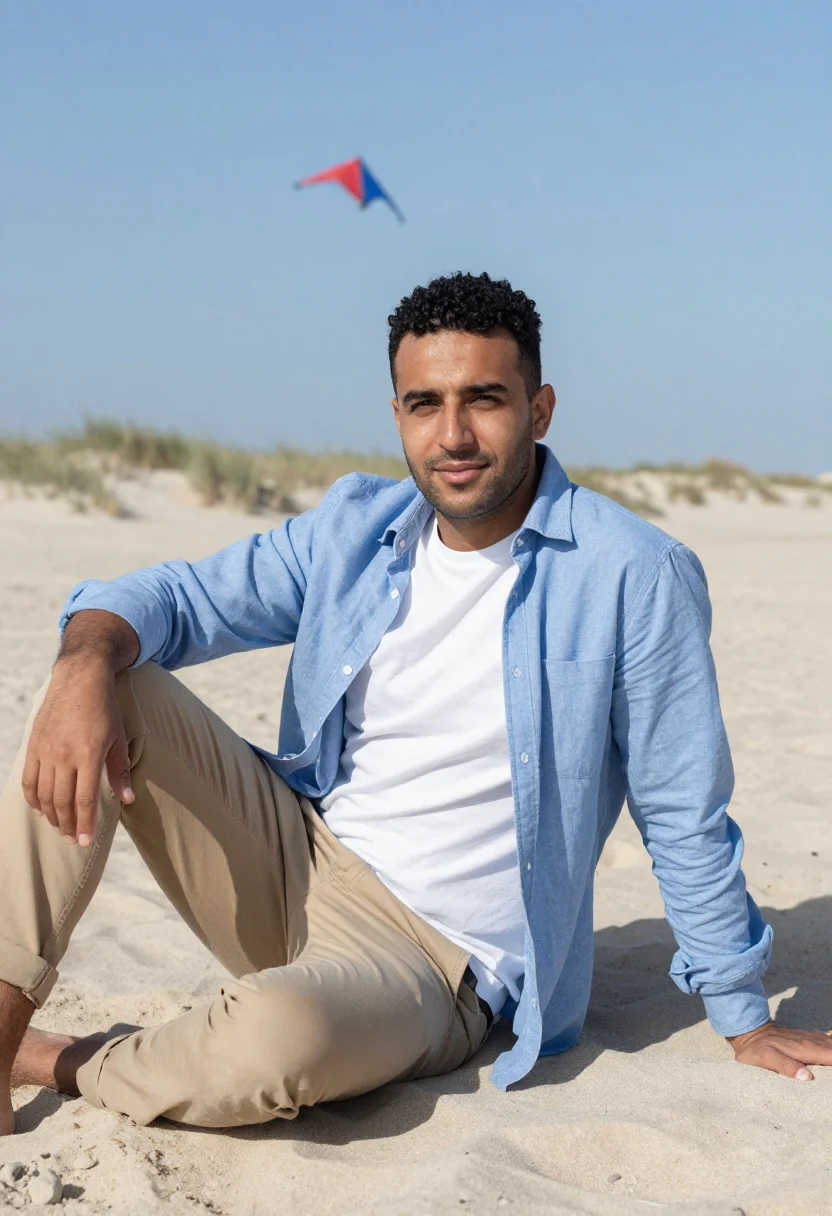 AI kite beach april blue date sample — portrait of a man, framed half-length from the head to the h