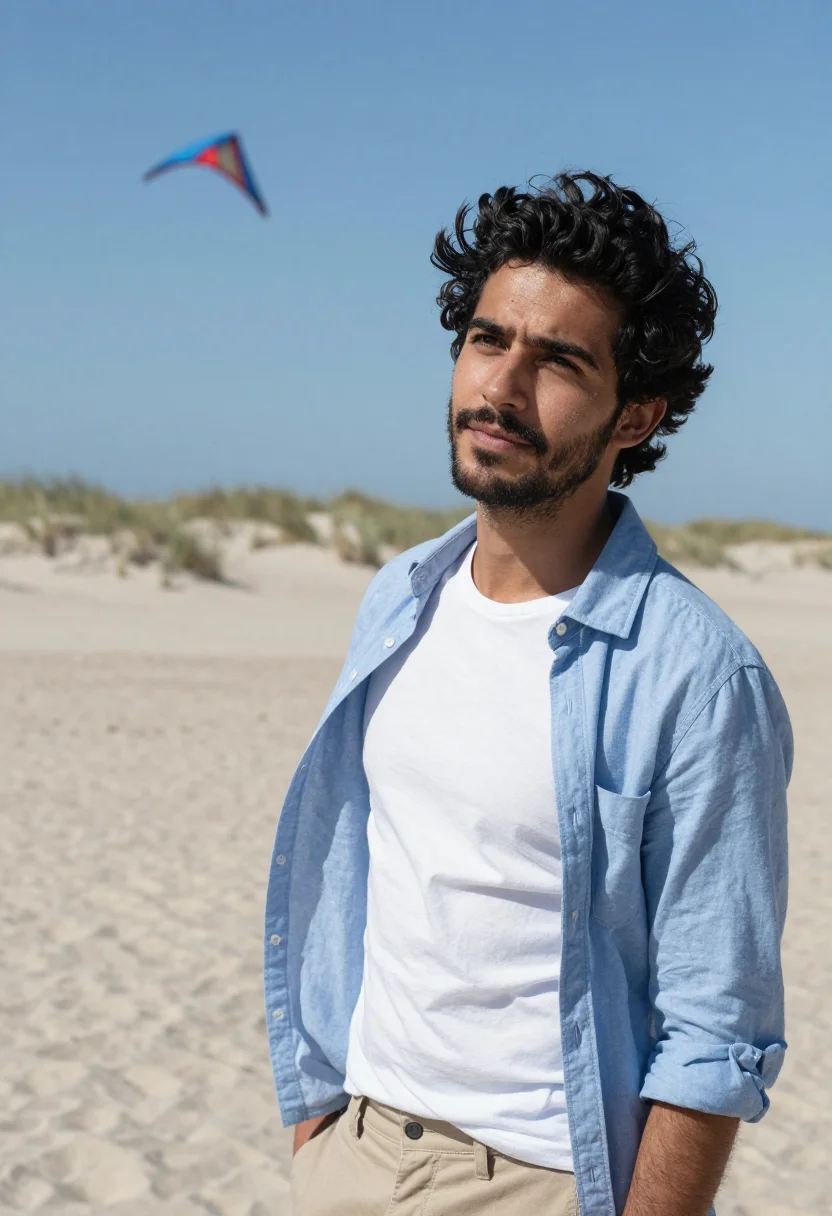AI kite beach april blue date sample — portrait of a man, framed tight, head and shoulders, the bod