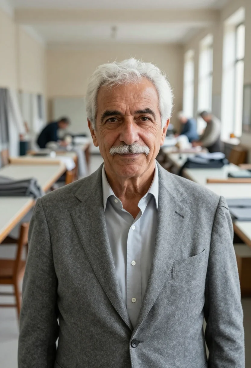 AI kiton arzano napoli sartoria grey flannel men sample — portrait of a man, a Neapolitan man in his early sixties wit