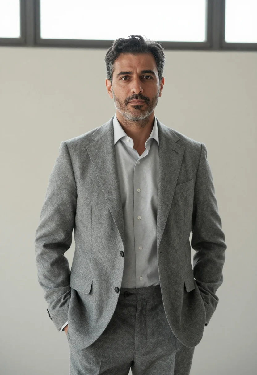 AI kiton arzano napoli sartoria grey flannel men sample — portrait of a man, a Neapolitan man in his mid-forties with