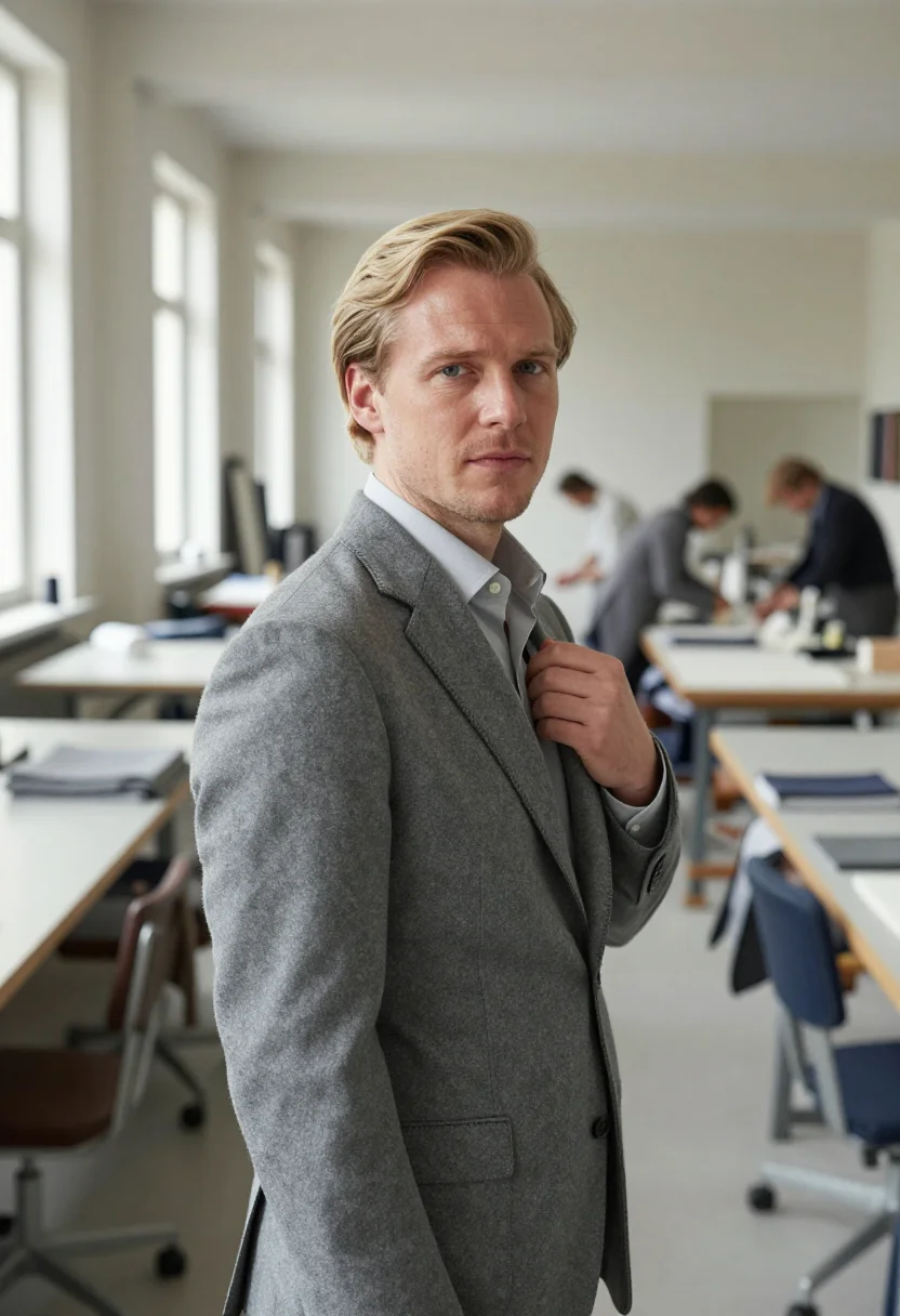 AI kiton arzano napoli sartoria grey flannel men sample — portrait of a man, a Danish man in his mid-thirties with fai