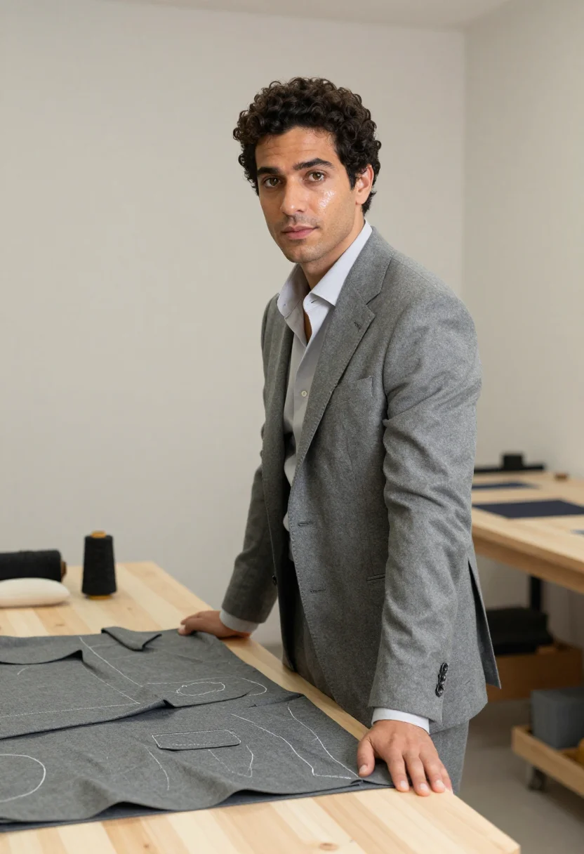 AI kiton arzano napoli sartoria grey flannel men sample — portrait of a man, an Italian man in his late twenties with