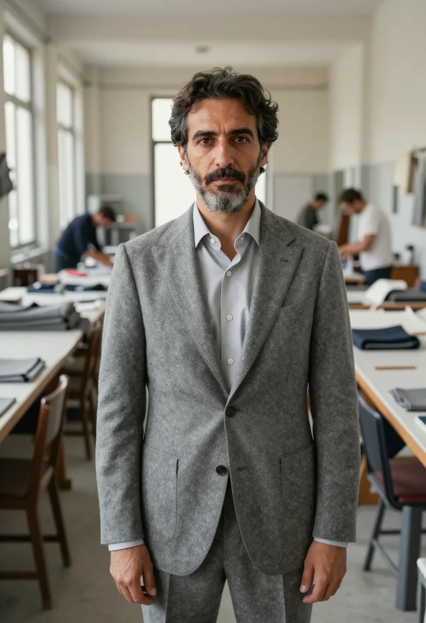 AI kiton arzano napoli sartoria grey flannel men sample — portrait of a man, an Italian man in his late forties with w