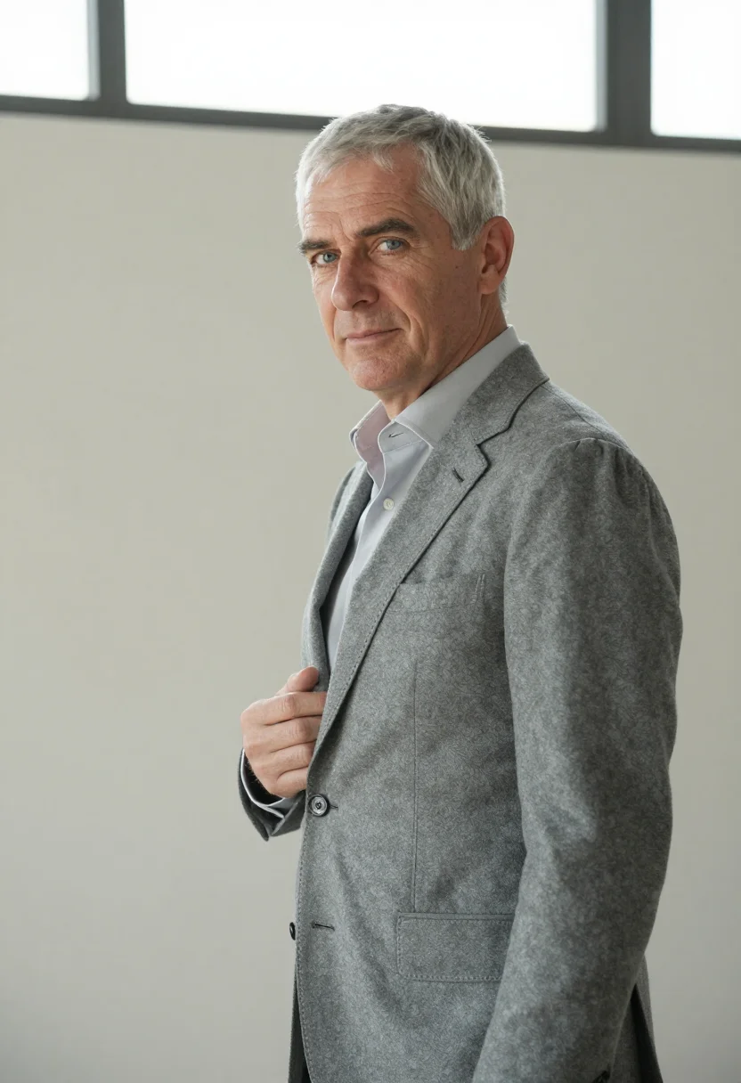 AI kiton arzano napoli sartoria grey flannel men sample — portrait of a man, an Italian man in his early fifties with