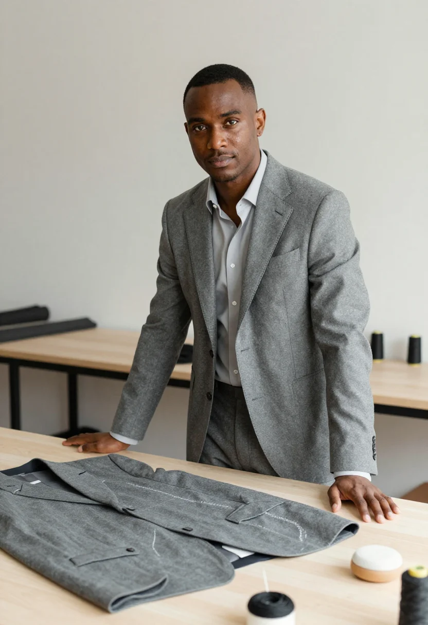AI kiton arzano napoli sartoria grey flannel men sample — portrait of a man, an Italian man of Cape Verdean descent in
