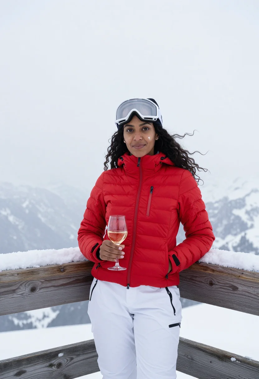 AI kleine scheidegg terrace january red sample — portrait of a woman, framed half-length from the head to the