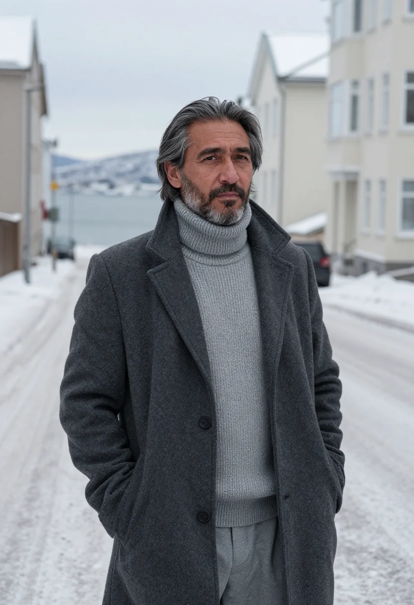 AI knausgaard oslo winter grey sample — portrait of a man, a Sami man in his late forties with weath