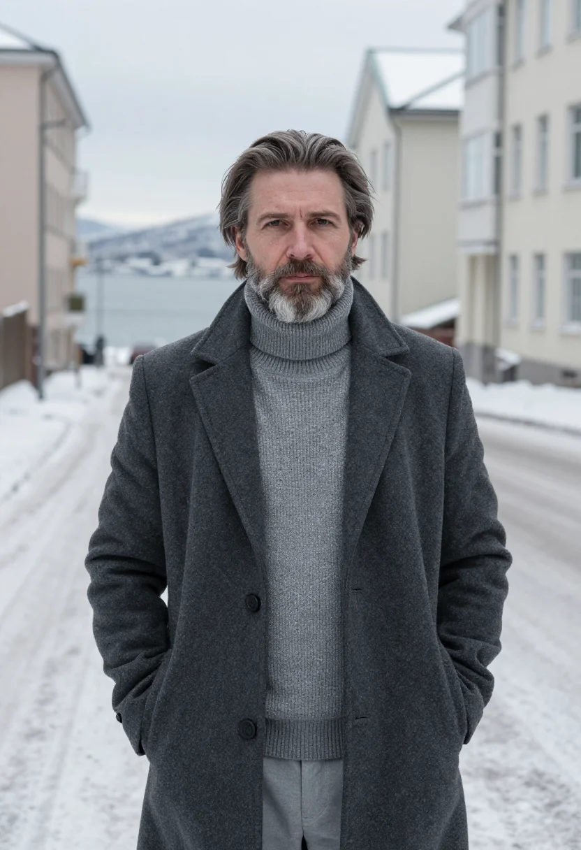 AI knausgaard oslo winter grey sample — portrait of a man, a German man in his early fifties with fa