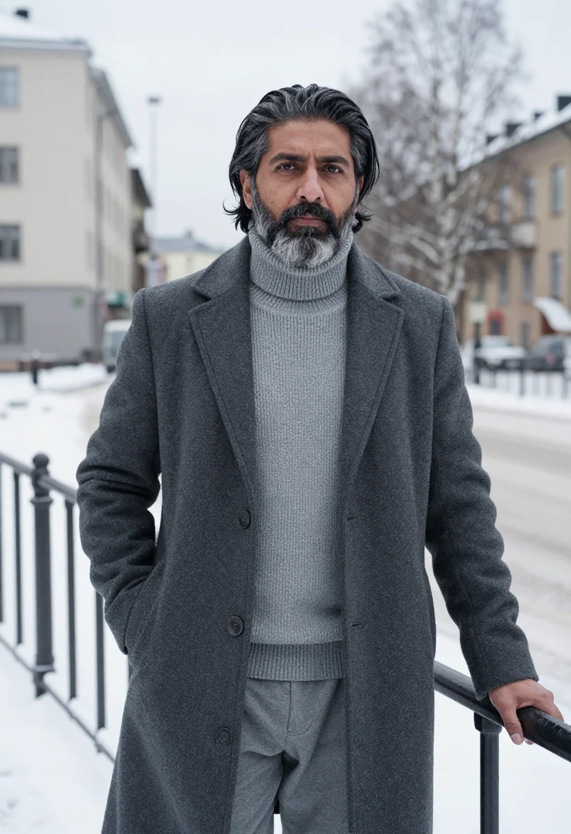 AI knausgaard oslo winter grey sample — portrait of a man, a Norwegian-Pakistani man in his late for