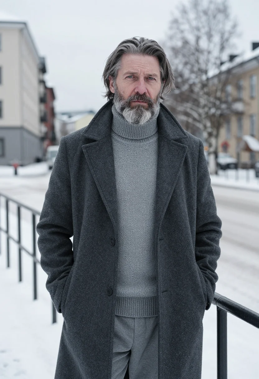 AI knausgaard oslo winter grey sample — portrait of a man, an Icelandic man in his early fifties wit