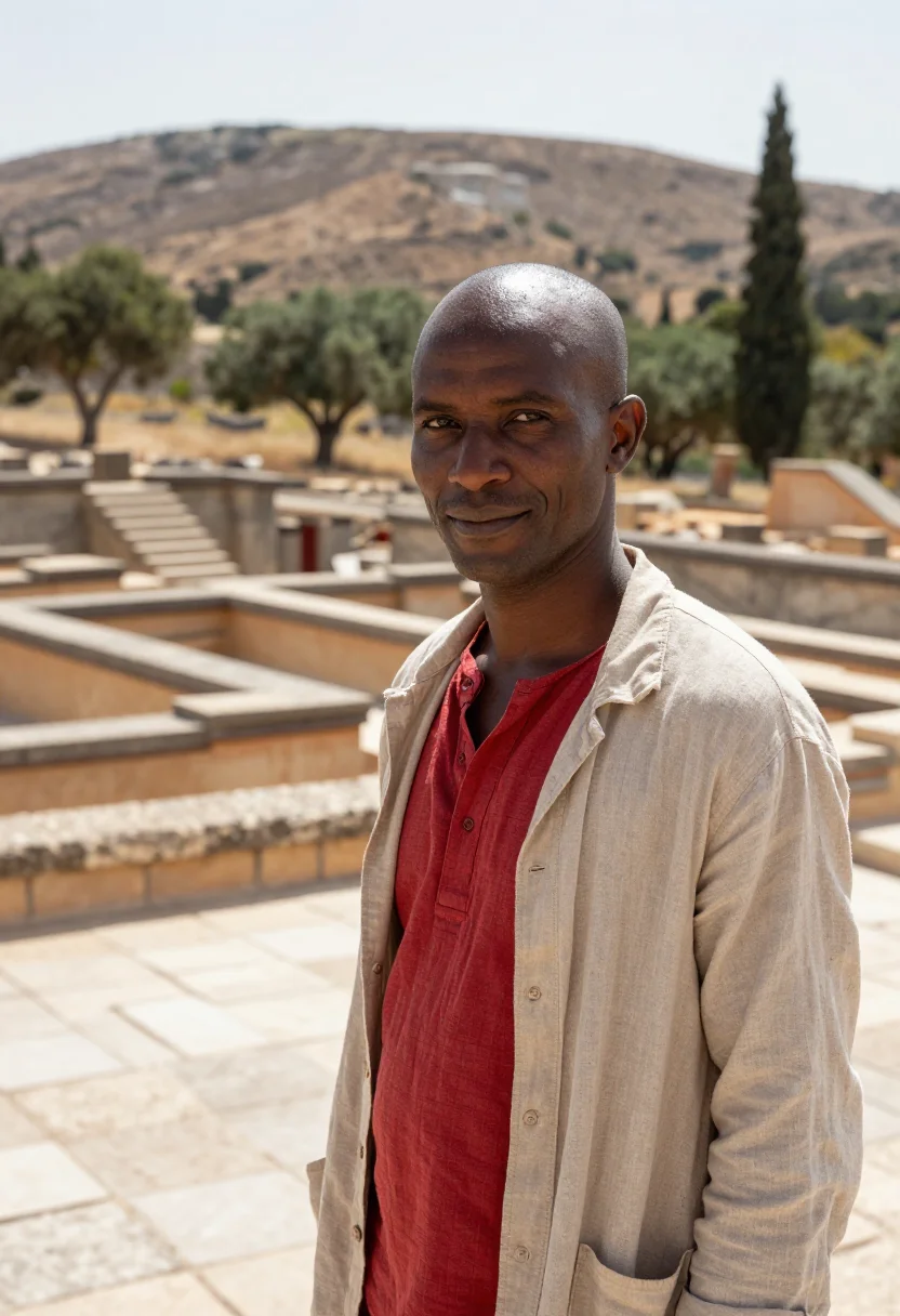 AI knossos archaeologist minoan red columns sample — portrait of a man, of Senegalese descent in his forties with