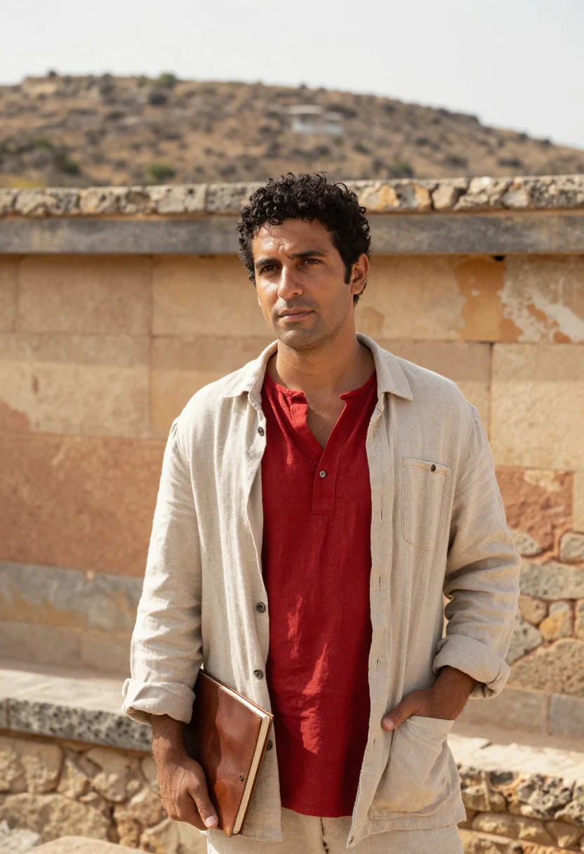 AI knossos archaeologist minoan red columns sample — portrait of a man, in his thirties with tanned olive skin, b