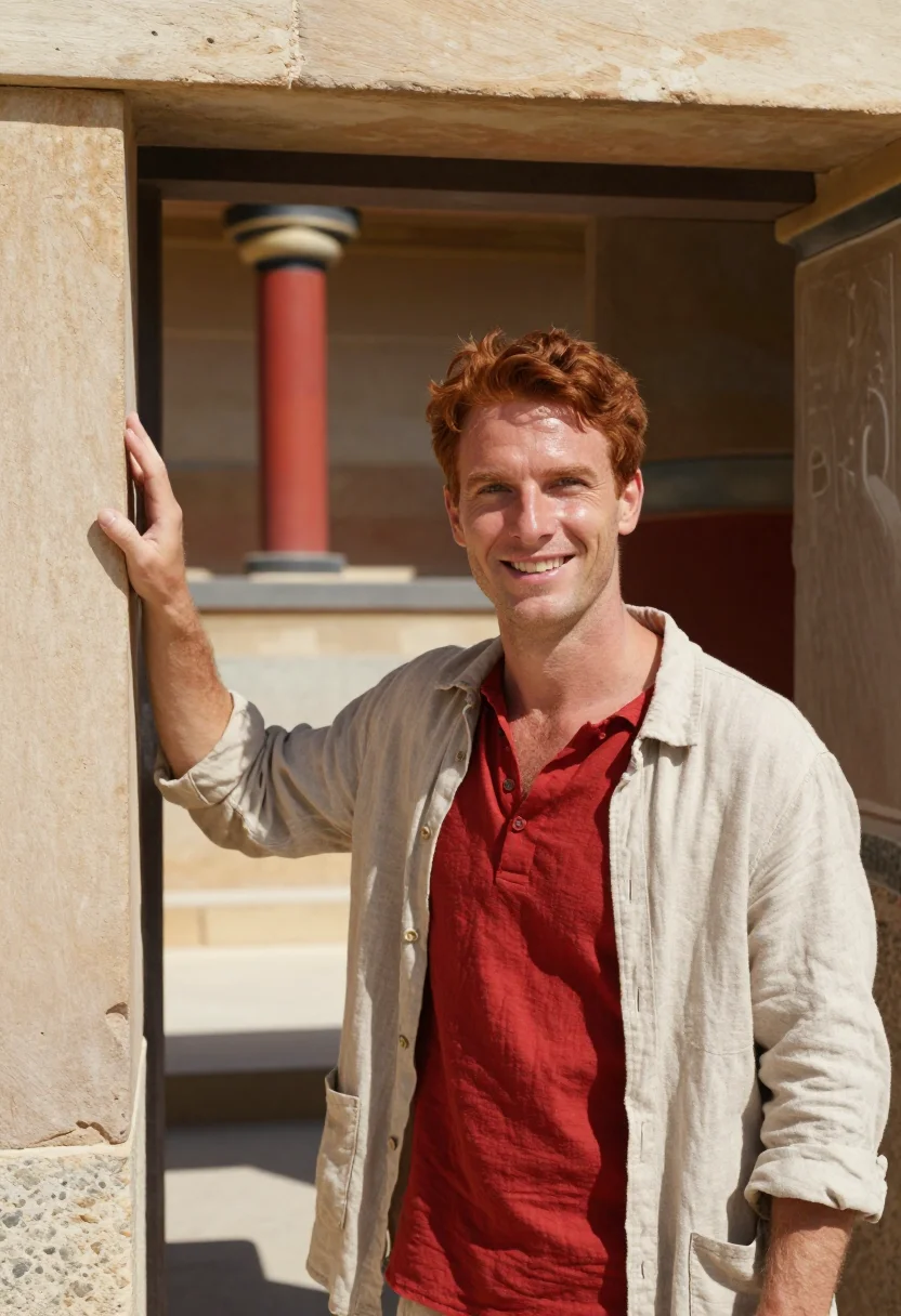 AI knossos archaeologist minoan red columns sample — portrait of a man, in his late twenties with fair skin, gree