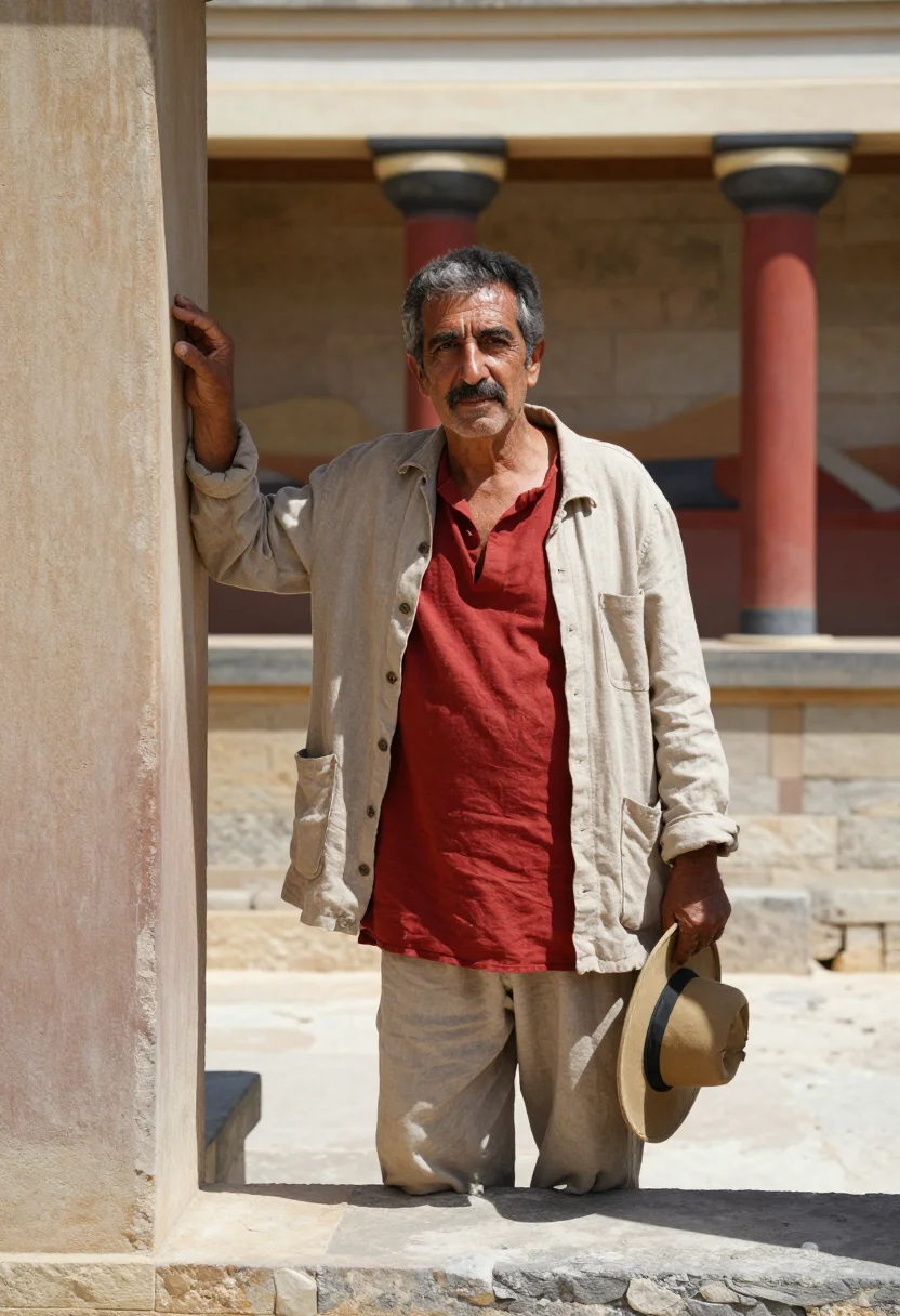 AI knossos archaeologist minoan red columns sample — portrait of a man, of Cretan descent in his fifties with sun