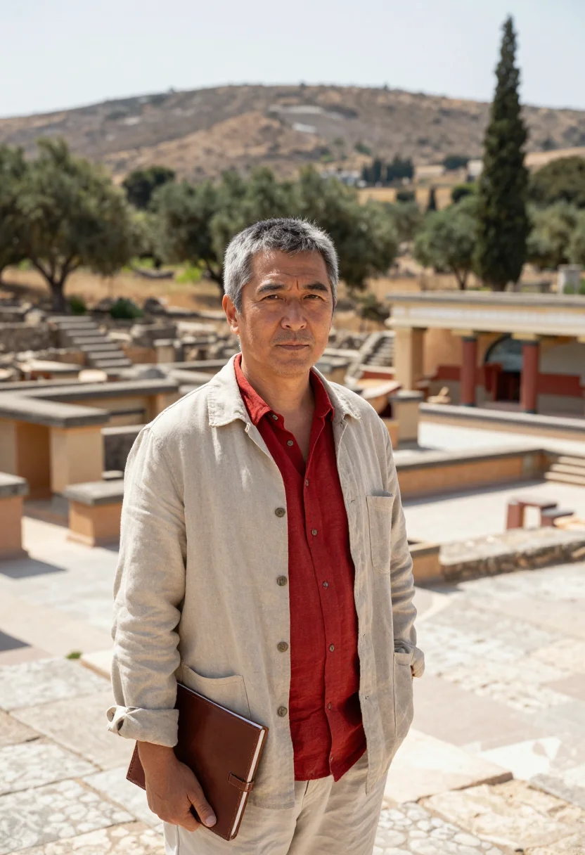 AI knossos archaeologist minoan red columns sample — portrait of a man, of Japanese descent in his fifties with w