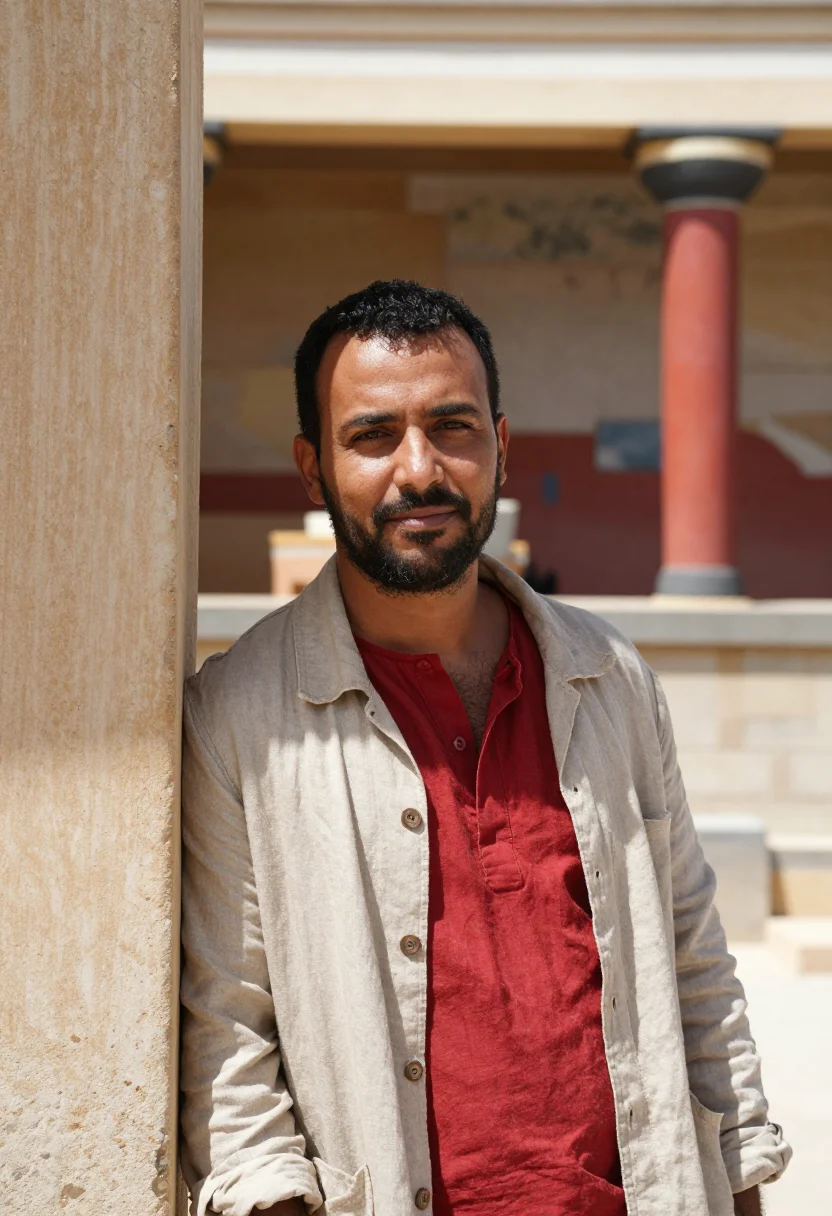 AI knossos archaeologist minoan red columns sample — portrait of a man, of Moroccan descent in his late thirties