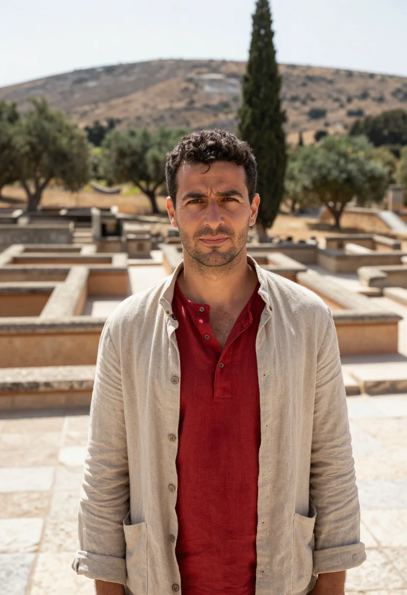 AI knossos archaeologist minoan red columns sample — portrait of a man, in his mid-thirties with golden olive ski