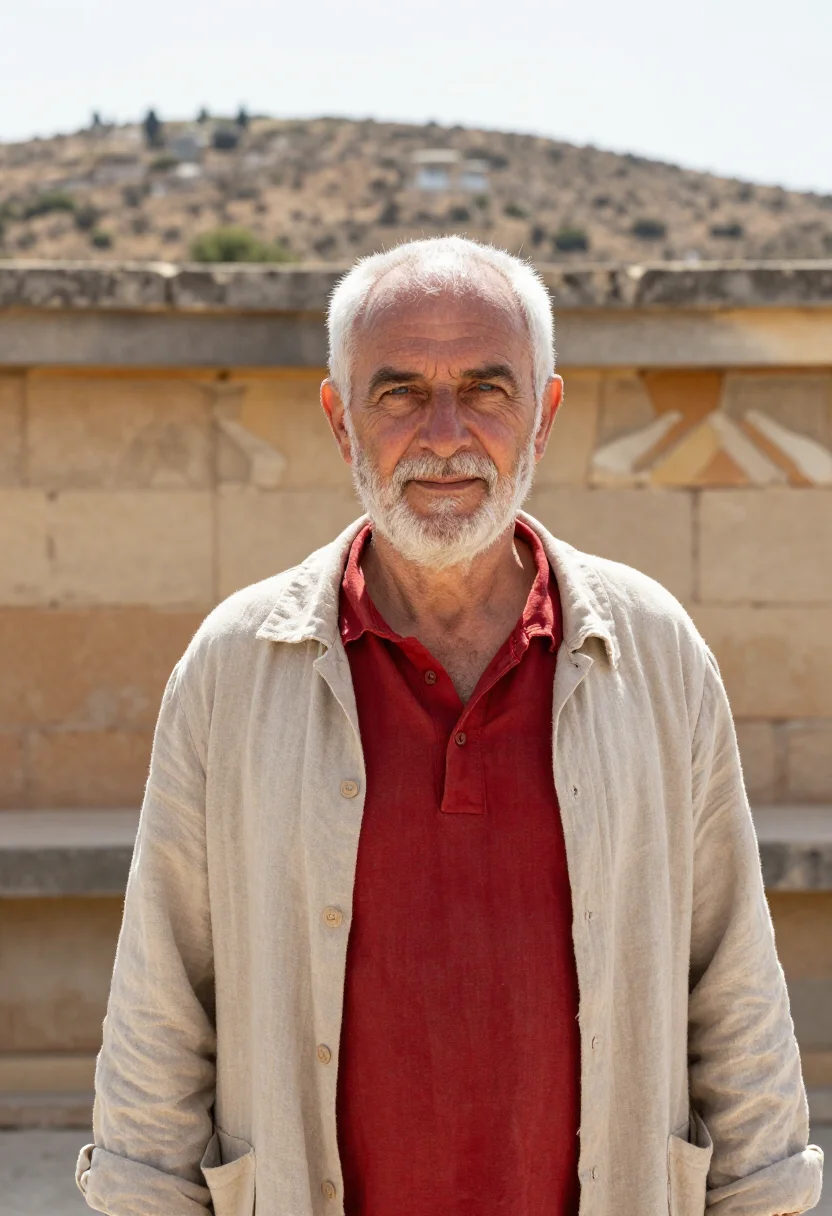 AI knossos archaeologist minoan red columns sample — portrait of a man, in his early sixties with weathered fair