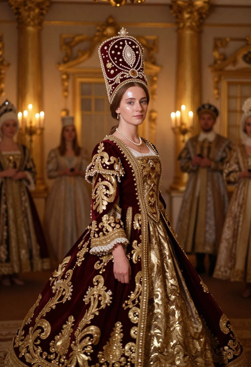 AI kokoshnik sample — three-quarter-length festive portrait at a boyar-era court r