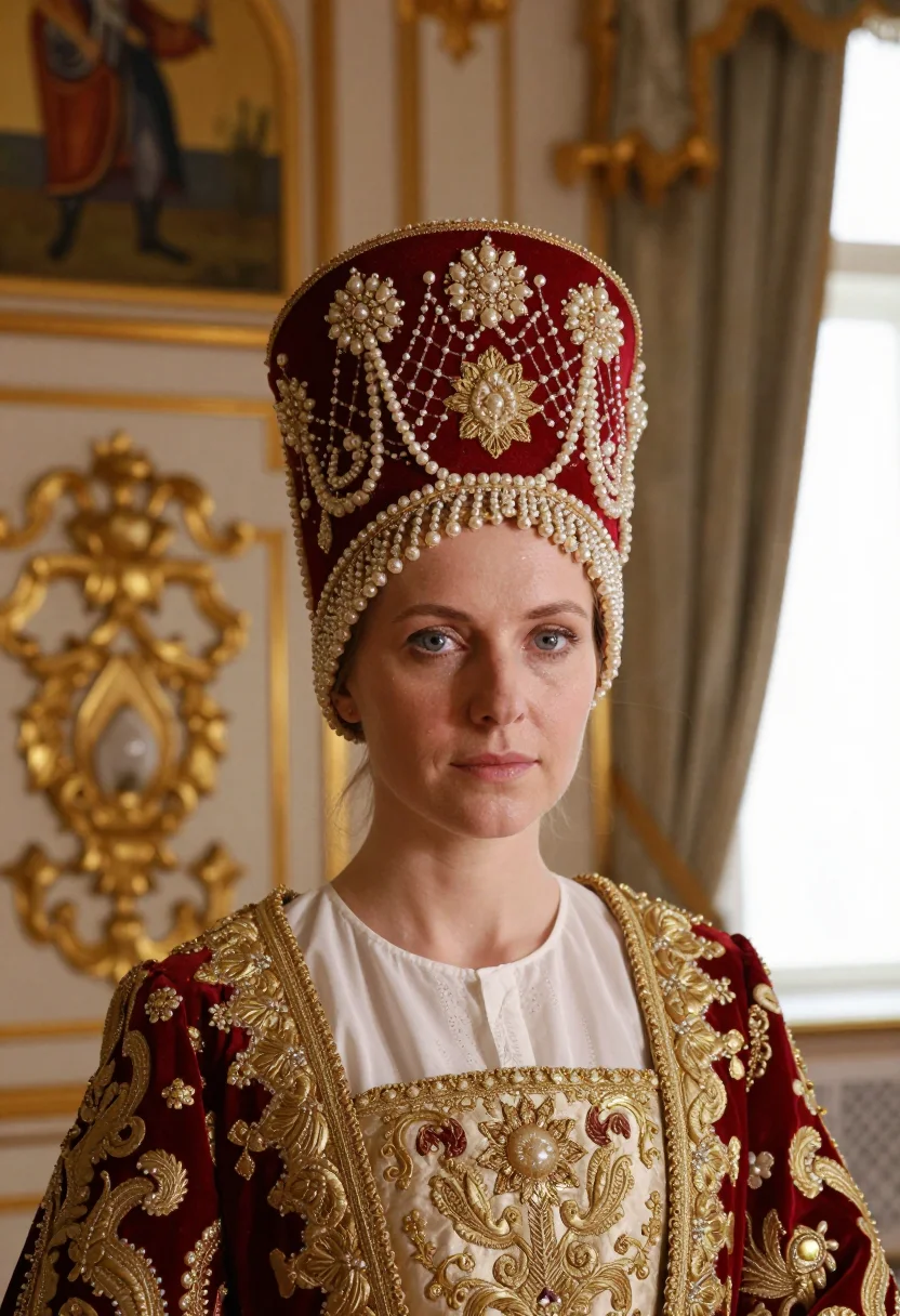 AI kokoshnik sample — bust-length portrait in a gilded winter palace chamber, a Ru