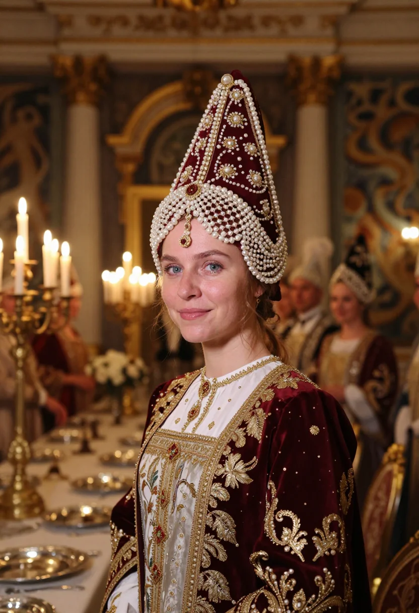 AI kokoshnik sample — festive half-length portrait at a boyar-era court reception,