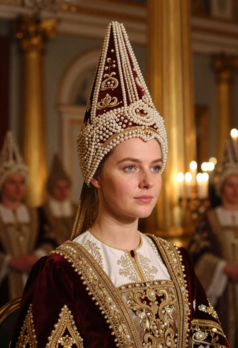 AI kokoshnik sample — bust-length festive portrait at a boyar-era court reception,