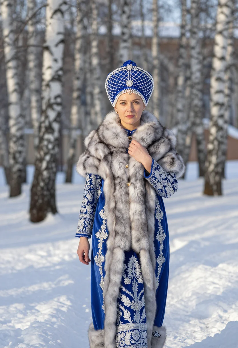 AI kokoshnik sample — three-quarter-length portrait walking through fresh snow in