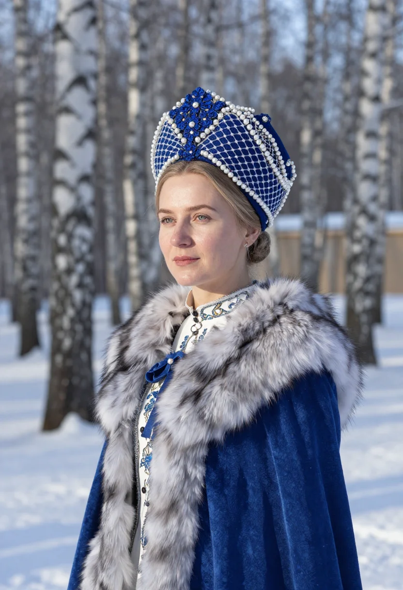 AI kokoshnik sample — half-length portrait in a snowy birch grove beside the palac