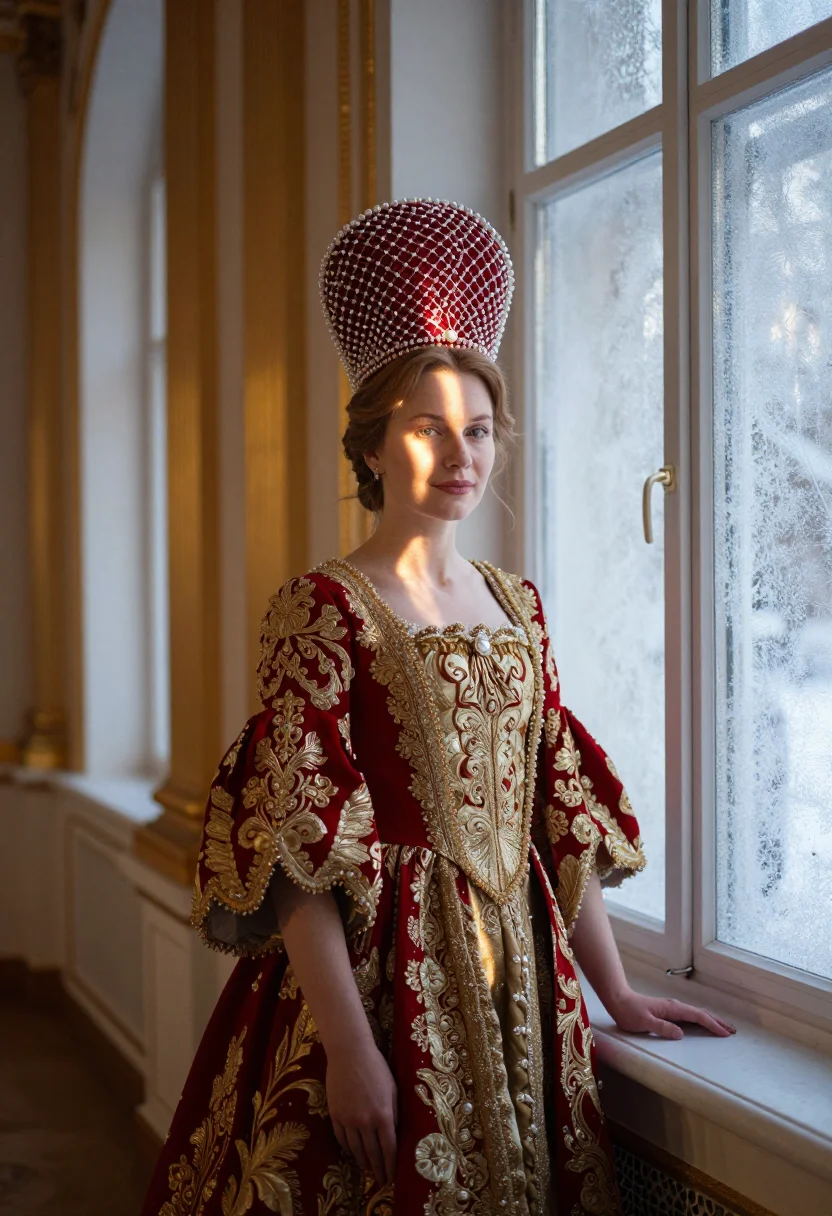 AI kokoshnik sample — three-quarter-length portrait standing by a frosted window i