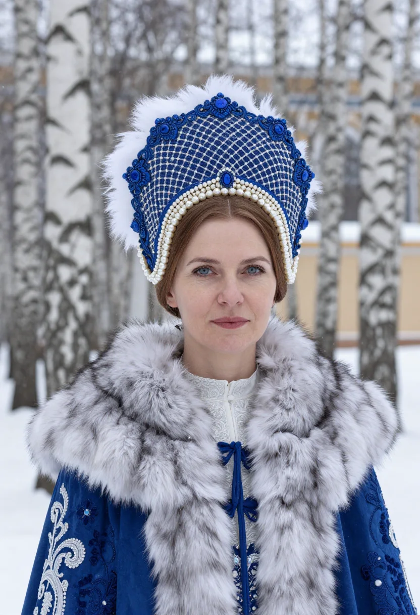 AI kokoshnik sample — bust-length portrait in a snowy birch grove beside the palac